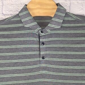 Lululemon Mens Metal Vent Tech Polo Shirt Grey Green Striped Short Sleeve Large